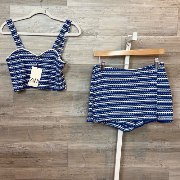 Zara Pants - NWT Zara Blue & White Textured Striped Two-Piece Set - Crop Top & Skort - M
